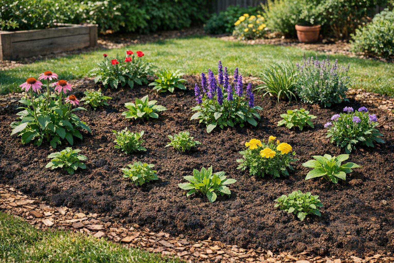 Frisch angelegtes Gartenbeet mit lockerer Erde und jungen Pflanzen