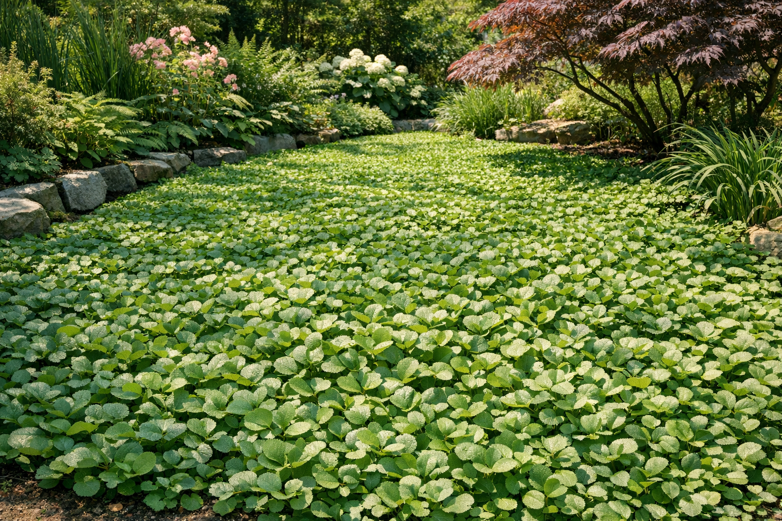 Dichter Teppich aus blühenden Bodendeckern in einem Gartenbeet