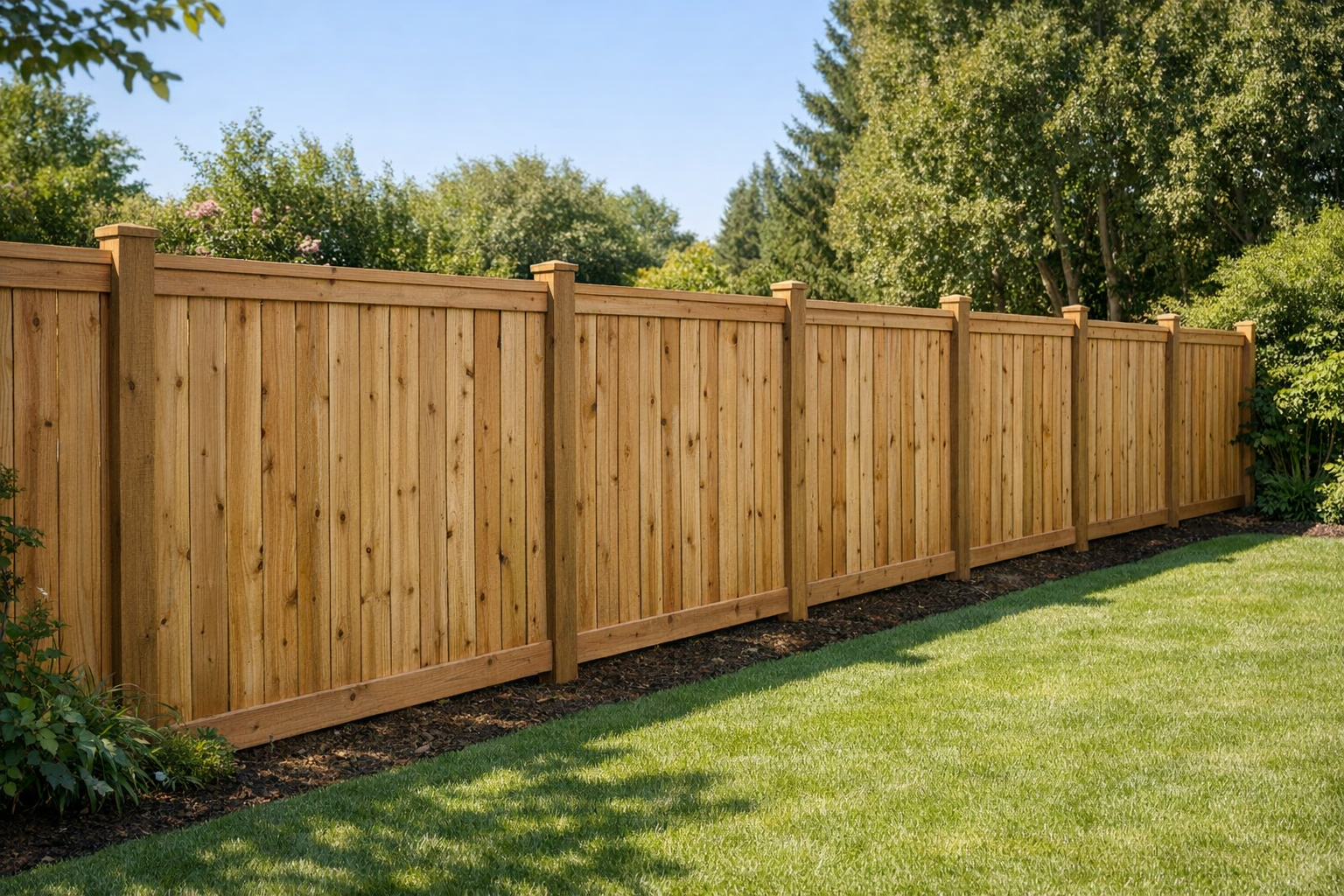 Neu gesetzter Gartenzaun aus Holz entlang einer Grundstücksgrenze im Garten