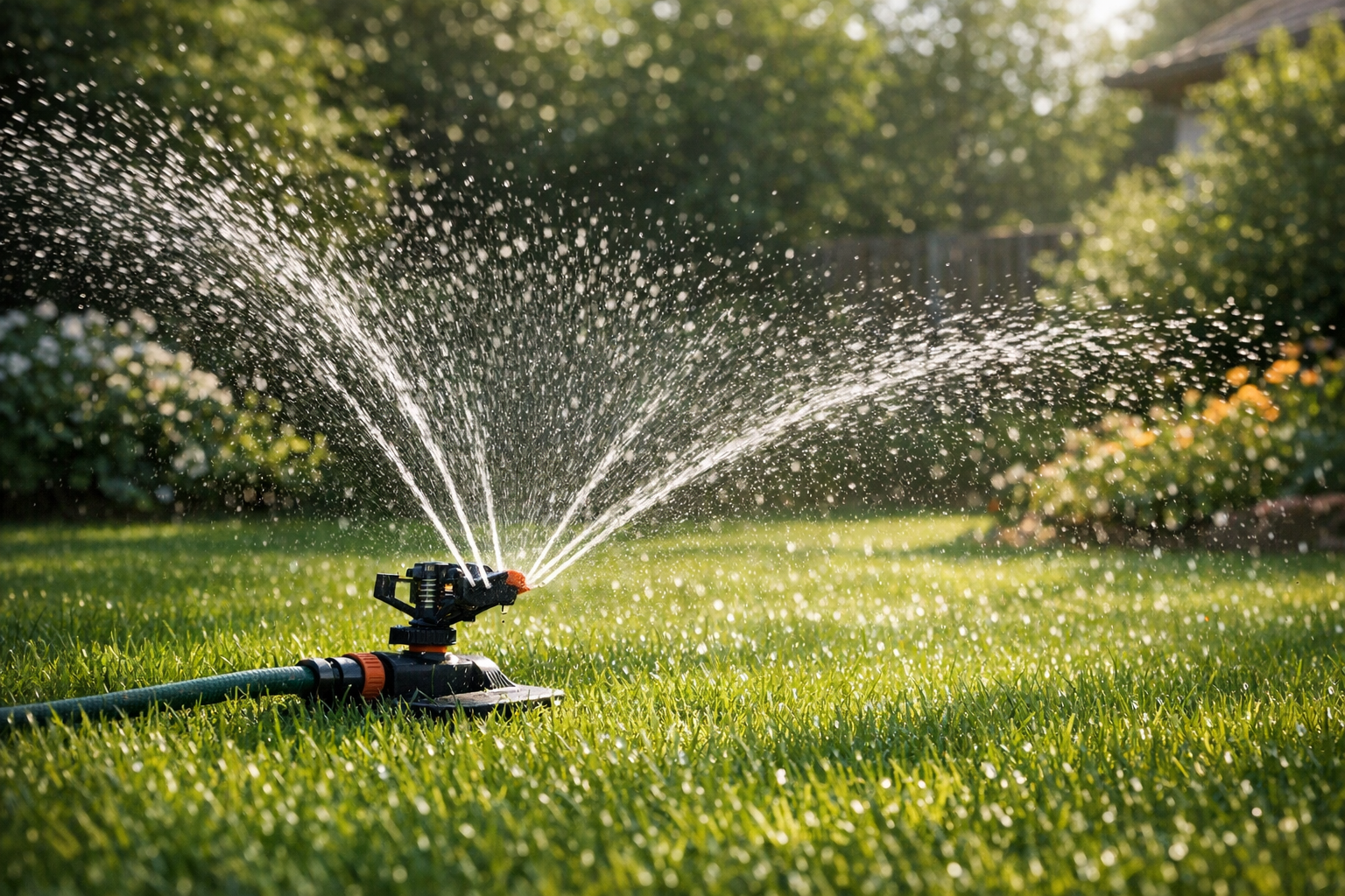 Rasensprenger bewässert am frühen Morgen einen grünen Garten